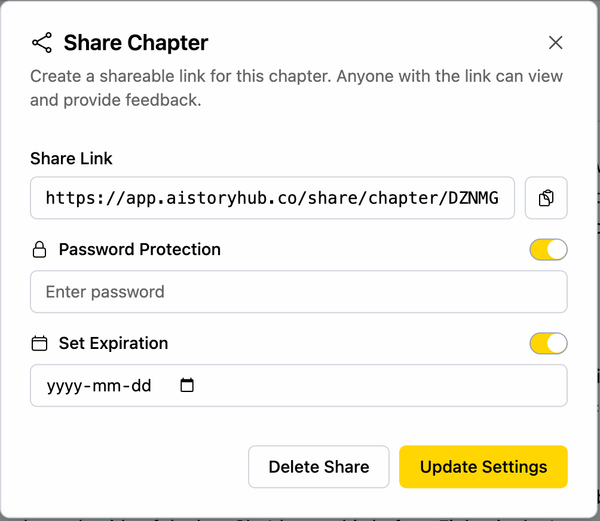 New in AI Story Hub: Share Chapters & Chat with Your Entire Story